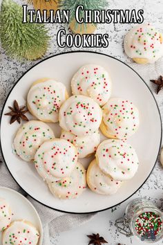 italian christmas cookies on a plate with sprinkles and star anise next to them