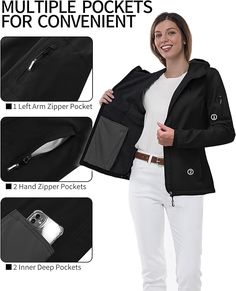 the woman is holding her jacket open and showing it's pockets, zipper pockets, and two inner pockets