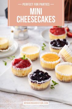 mini cheesecakes on a tray with the title text overlay reads perfect for parties