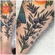 two images show the same tattoo on both legs, one with blueberries and an orange