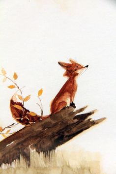 a painting of a fox sitting on top of a tree branch next to another animal