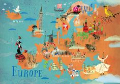 an illustrated map of europe with people and animals