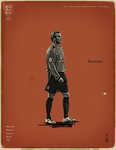 an old photo of a soccer player in black and white on a red background with the name beckham