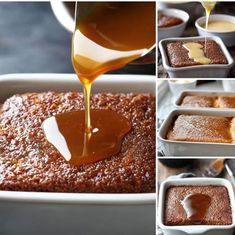 there is a cake in the pan being drizzled with caramel sauce