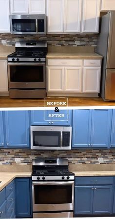 before and after pictures of a kitchen remodel with blue cabinets, stainless steel appliances