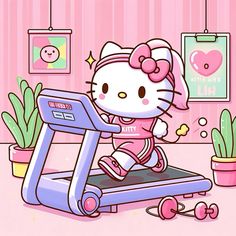 a hello kitty running on a treadmill