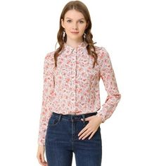 Let your wardrobe blossom with this graceful floral shirt. It is constructed from premium soft fabric with a pretty floral print. Whether you're in the office or out on town, this ditsy floral print shirt is perfect for any occasion. Wear this shirt out for a breezy look. Pair it with skirts or skinny jeans and high heel sandals to finish. Feminine Floral Print Button-up Blouse, Feminine Floral Print Button-up Shirt, Feminine Pink Floral Print Shirt, Pink Floral Print Button-up Shirt, Feminine Long Sleeve Blouse With Ditsy Floral Print, White Fitted Blouse With Ditsy Floral Print, White Fitted Ditsy Floral Print Blouse, Floral Print Collared Top For Office, Collared Floral Print Tops For Office