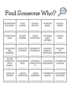 a printable game with words that say, find someone who?