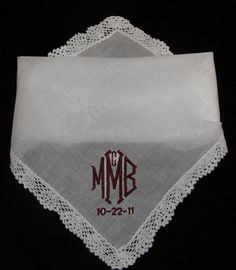 This hankie is a beautiful cotton with a crochet style lace edge.  The hankie measures 12" x 12" including the scalloped lace edge which is approximately 3/4" wide.  It is a pure white delicate cotton with an elegant translucent quality.  Notice the beautiful way the lace has been attached to the hankie - beautiful detail.It is perfect for any kind of personalization and offers enough space if you want a phrase embroidered.It will be embroidered to your specifications with a monogram or short ph White Lace Handkerchiefs With Embroidery, Classic White Lace Handkerchiefs, White Embroidered Lace Handkerchiefs, Classic White Lace Handkerchief, Classic White Lace Work Handkerchiefs, Classic Handkerchiefs With Lace Trim As Gift, Cotton Handkerchiefs With Lace Trim For Wedding, Monogram Pillowcase, Bridal Handkerchief