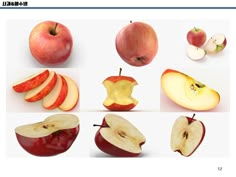 an image of apples cut in half and sliced into smaller pieces, all with the same bite taken out