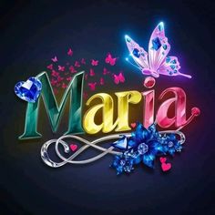 the word maria is surrounded by colorful butterflies and jewels on a black background with blue flowers