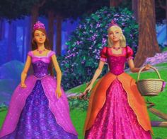 two barbie dolls standing next to each other in the woods with trees and grass behind them