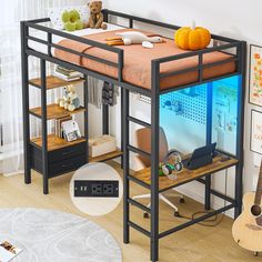 there is a bunk bed with a desk underneath it and a guitar on the floor