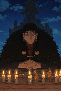 an anime scene with candles in the foreground and a woman holding her hands out