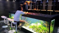 a man sitting at a bar in front of an aquarium