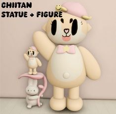 a stuffed animal is standing next to a small toy rabbit and another one has a pink hat on it's head