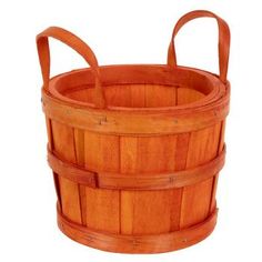 an orange wooden basket with handles and straps on the bottom, sitting in front of a white background