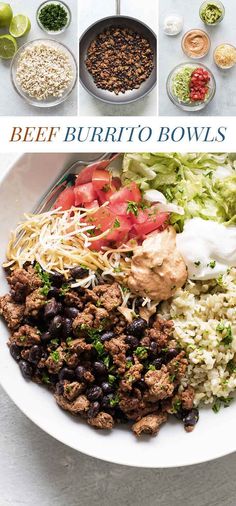 the ingredients for beef burrito bowls are shown here