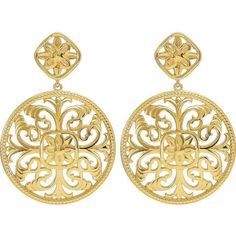 These filigree dangle earrings have a romantic look and feel as inspired by the period of Renaissance jewelry and intricately detailed. The earrings measure 21.5 mm wide by 31.4 mm long. ◆ White gold jewelry is rhodium plated. Gold Filigree Earrings, Filigree Earrings, Disc Earrings, Ear Candy, Gold Earrings Designs, Disc Pendant, White Gold Jewelry, Gold Filigree, Online Earrings