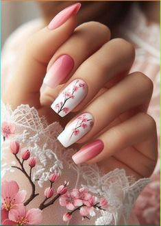 Cherry Blossom Nails Art Simple, Nail Ideas Cherry Blossom, Cherry Blossom Tree Nails, Cherry Blossom Almond Nails, Nails With Cherry Blossoms, Summer Nail Design 2024, Pink Cherry Blossom Nails, Ombre French Nails Color, Floral Nails Pink