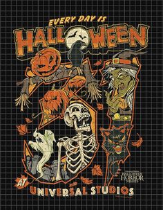 an image of halloween art with pumpkins and skeletons on the front, in black background