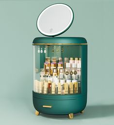 a display case with various types of skin care products in it and a mirror on top