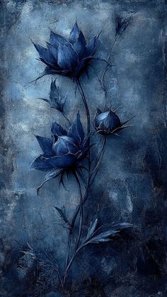 a painting of blue flowers on a dark background