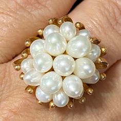 "VINTAGE GORGEOUS 14K YELLOW GOLD PEARL CLUSTER STATEMENT RING 9.5 GRAMS REALLY STUNNING! Ring features 18 multi sized pearls set in heavy solid 14K yellow gold setting! Size 5.75 Ring face measures approximately 1\" x 3/4\" Please message me with any questions Shipped insured in a gift box! I guarantee item to be exactly as described and pictured." Vintage High Luster Rings For Anniversary, Elegant High Luster Gold Pearl Ring, Gold Cluster Pearl Ring For Formal Occasions, Yellow Gold Pearl Ring With High Luster, Luxury Gold Pearl Ring With High Luster, Luxury Vintage Gold Pearl Ring, Victorian Style 14k Yellow Gold Pearl Ring, Burning Sage, Black Opal Pendant