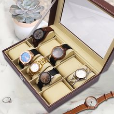 "This personalized watch case is the perfect gift for that special 'watch lover' in your life. This classy, black, brown, rosewood or distressed wood watch storage box makes the perfect groomsmen gift, birthday gift, wedding gift, wedding party gift or any special occasion gift. Choose from either a 6 slot case or a 10 slot case. 10 Slot Watch Box measures 10\" x 8\" x 3\" 6 Slot Watch Box Measures 8\" x 6.5\" x 3 Please contact me if you would like a listing of 6 or more at a discounted price! Brown Watch Accessories Box As Gift, Personalized Watch Box, Groomsmen Watches, Wood Watch Box, Personalized Watch, Engraved Watch, Watch Display Case, Mens Watch Box, Personalized Watches