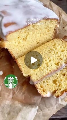 there is a cake with white icing on it and the words lemon loaf 3 net cakes