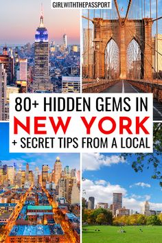 the new york city skyline with text overlay that reads, 80 hidden gems in new york secret tips from a local