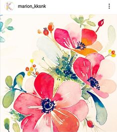 watercolor painting of red and pink flowers