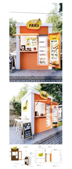 two different views of an orange and white kiosk with the words fries written on it