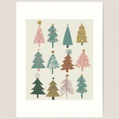 christmas trees in different colors and sizes on a white background art print by artist lauren lee