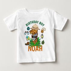 a white shirt with the words birthday boy noah on it's chest and an image of a giraffe wearing a hat