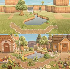 there are two pictures of the same area with different things in each picture and one has a small pond