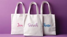 three personalized tote bags on a purple background