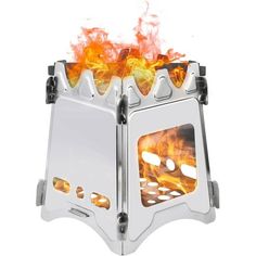 a toaster with flames coming out of it's sides and the door open