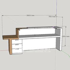 a drawing of a desk with drawers and a drawer underneath it, next to a wall