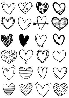 a bunch of hearts that are drawn in black and white