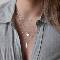 Multi Layer Bar Coin Chain Necklace Small Necklaces, Layering Necklaces, Layered Necklaces Silver, Multi Layer Necklace, Necklace Layering, Necklace Pendants, Layered Chains, Disc Necklace, Stone Pendant Necklace