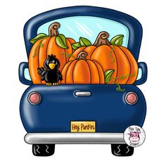 an image of a car with pumpkins in the back seat and a black bird sitting on top