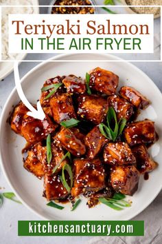 teriyaki salmon in the air fryer on a white plate