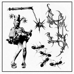 an ink drawing of a woman with many bugs around her neck and legs, holding a knife