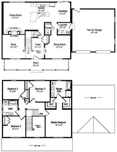 two story house plans with lofts and living room in the middle, second and third floors