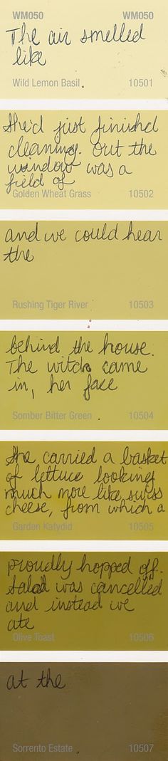 five different types of handwriting written on yellow and brown paper with black ink in each row