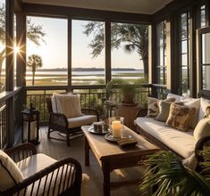 a living room filled with lots of furniture next to a large glass window covered in sunlight