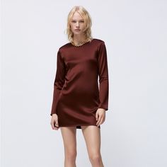 Zara Satin Mini Dress Rusty Brown Color Long Sleeve Size S New With Tags Satin Dresses Long Sleeve, Zara Mini Dress, Christmas Fits, Satin Dress Long, Zara Mini, Round Neck Dresses, Jacquard Dress, Satin Mini Dress, Short Mini Dress