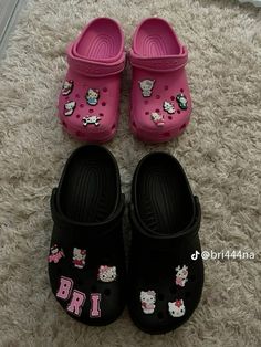 Black Crocs With Hello Kitty Charms, Black Crocs, Pretty Sneakers, Pink Crocs, Hello Kitty Shoes, Hello Kitty Clothes