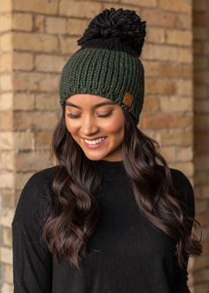 Hunter green and black color block fleece lined knit hat with large pom accent. Pom Beanie, Green And Black, Knit Hat, Winter Accessories, Hunter Green, Knitted Hats, Color Block, Black Color, Winter Hats